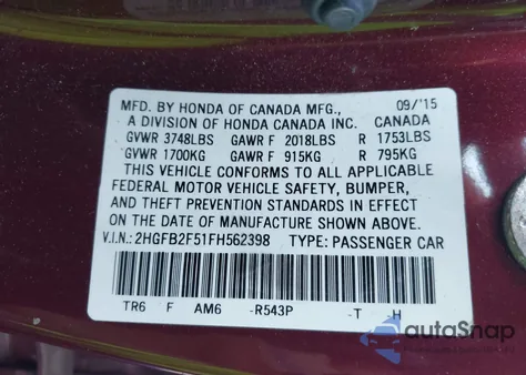 2015 Honda Civic Lx from USA, damaged, VIN 2HGFB2F51FH562398